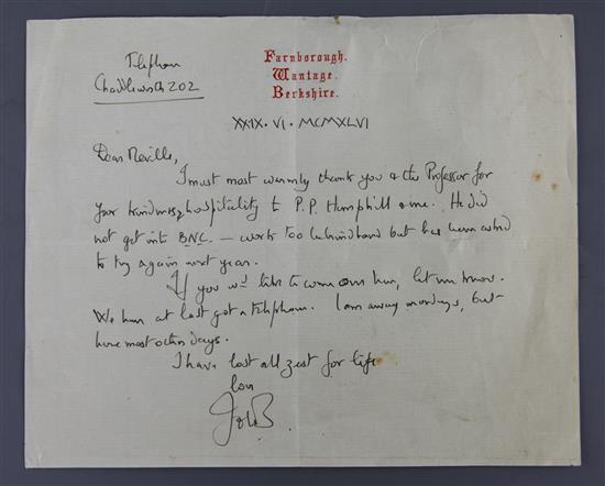 Betjeman, John (1906-1984). An autograph dated 29th June 1946,